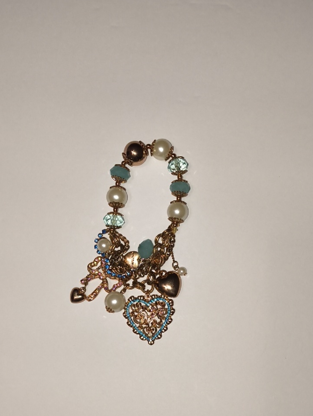 Gold-Tone Heart Charm Bracelet with Aqua Beads and Pearls